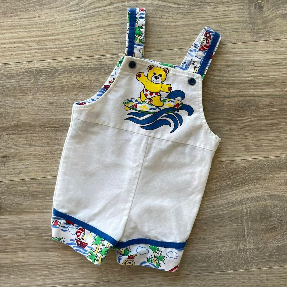 Vintage 80's Buster Brown Baby Boy 12 months Overalls Teddy Bear Surfing Kidcore